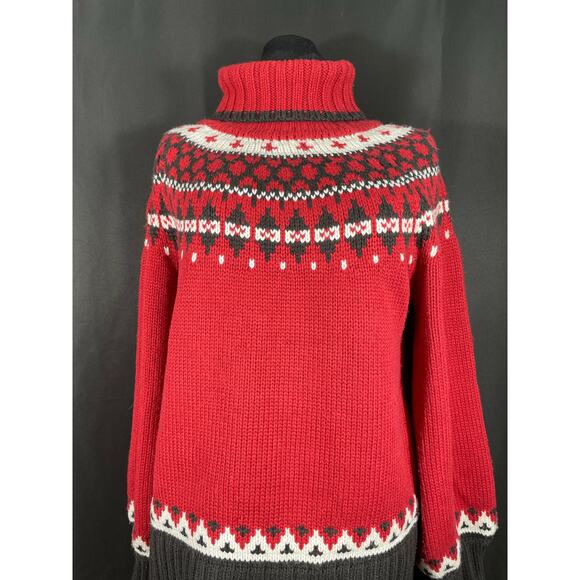 Vintage St Johns Bay Fair Isle Woman's Heavy Knit, Turtleneck Sweater, Red - Picture 2 of 6